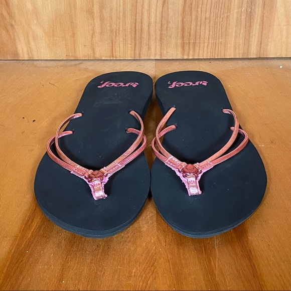Womens 7 Reef Flip Flop Sandals Black Pink SEF1151 - Picture 2 of 9